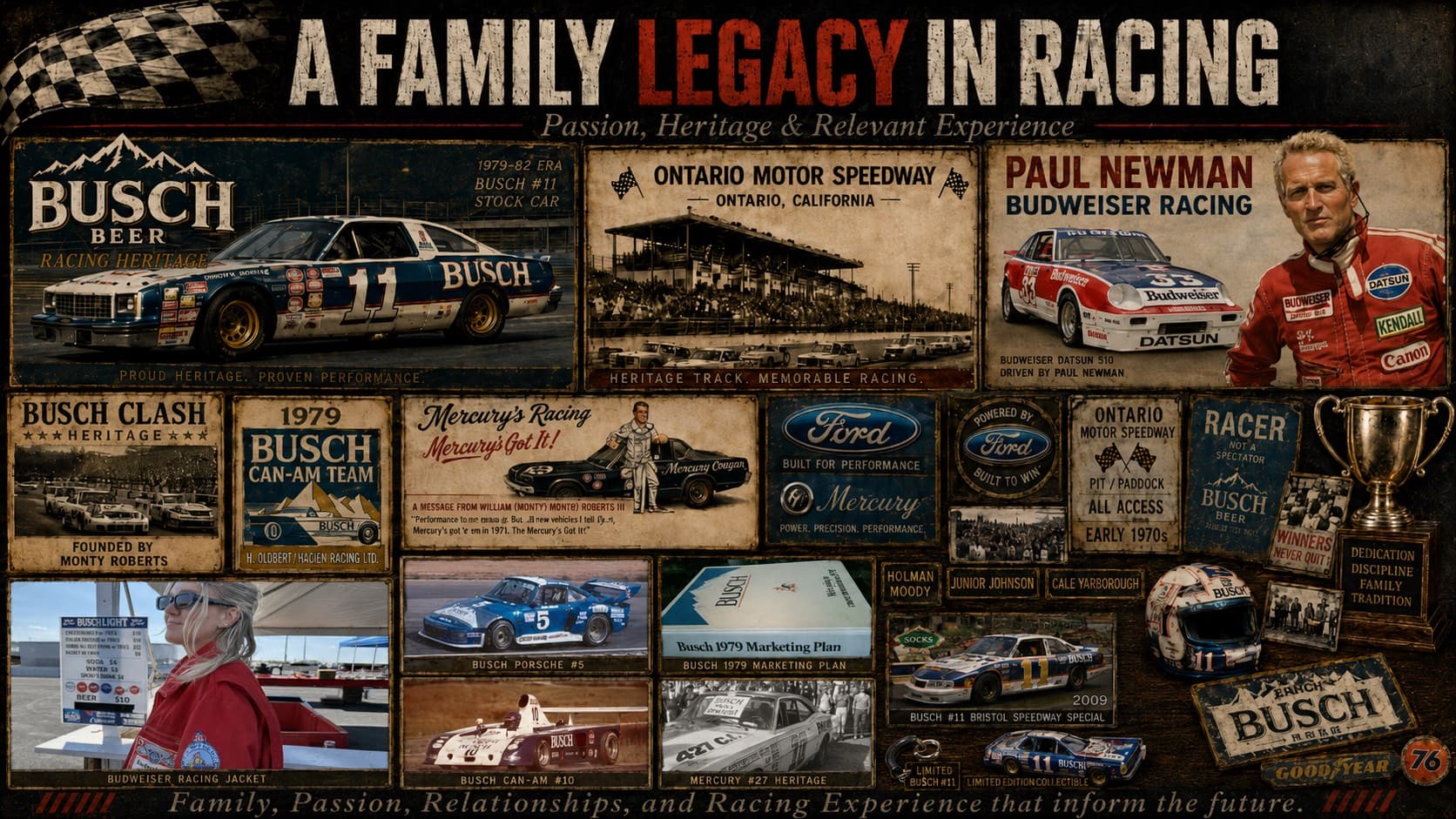 Collage titled “A Family Legacy in Racing — Passion, Heritage & Relevant Experience”: the 1979-82 era #11 Busch Beer stock car, Ontario Motor Speedway grandstands, Paul Newman with the Budweiser Racing Datsun 510, a “Busch Clash Heritage — Founded by Monty Roberts” panel, the 1979 Busch Can-Am team, a “Mercury's Racing — Mercury's Got It!” panel, Ford and Mercury signs, an early-1970s Ontario Motor Speedway all-access pit pass, the Busch Porsche #5 and Can-Am #10, the Busch 1979 marketing plan, and racing memorabilia.