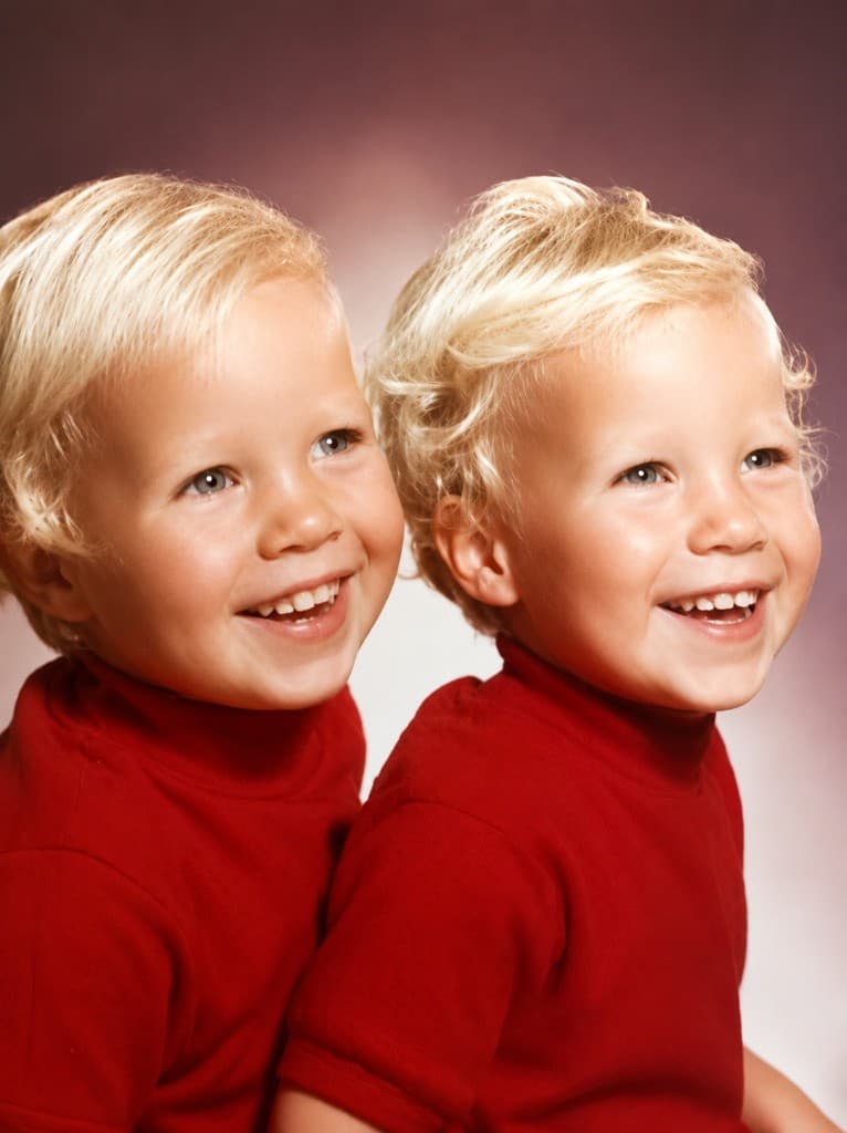 Studio portrait of two smiling blond twin toddlers in matching red shirts.
